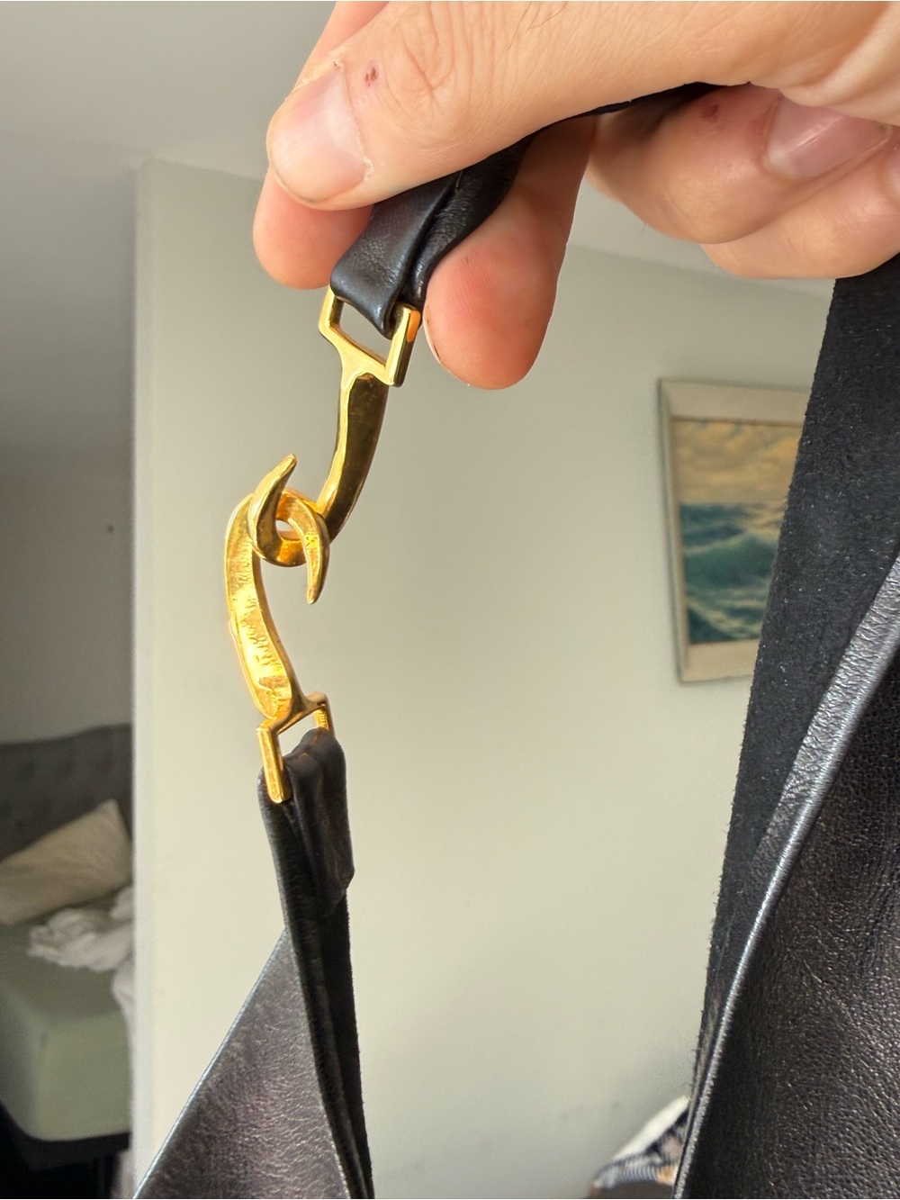 Vintage LOEWE Black Leather Gold Grommet Belt Madrid 1846 Made in France - Picture 8 of 10